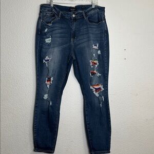Judy Blue Skinny Fit Distressed Serape Patch Blue Jeans Women's Plus 20W Stretch